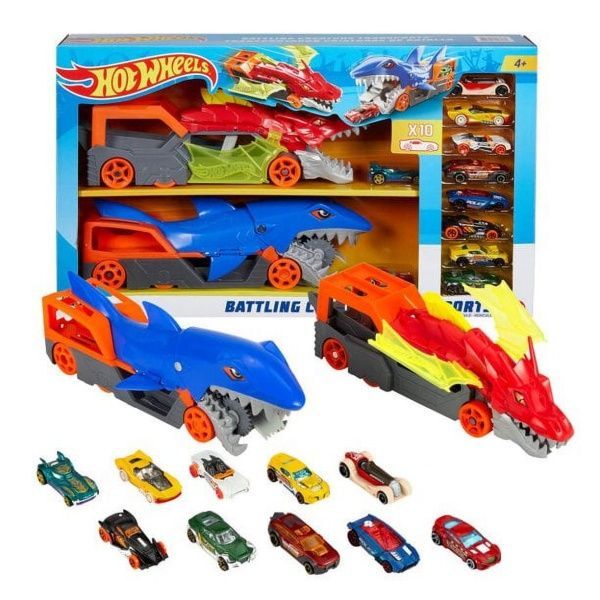 Набір автовозів Hot Wheels Битва Транспортерів-Монстрів Акула та Дракон + 10 машинок HNR38 HNR38 фото