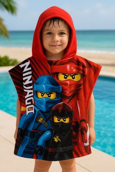Lego Ninjago Дитяче махрове пончо червоне - дитячий рушник із капюшоном для пляжу та басайну 60x120 153086 фото