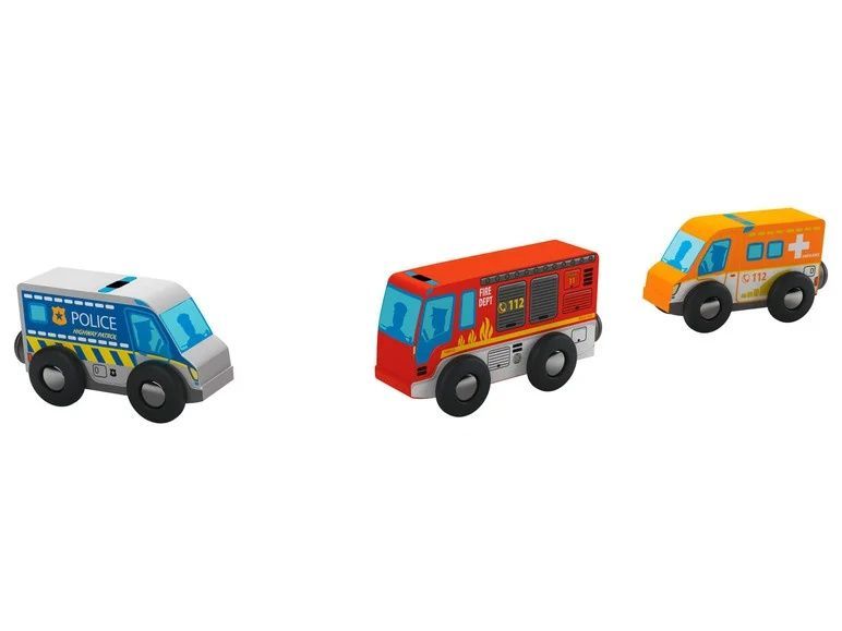Деревянные машинки Playtive: полиция, пожарная, скорая для детской железной дороги Brio, Ecotoys, Doris 4264198 фото