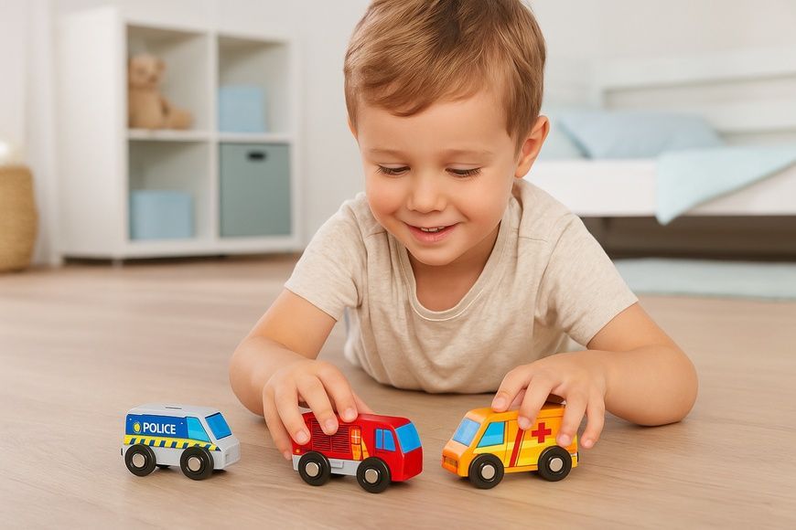 Деревянные машинки Playtive: полиция, пожарная, скорая для детской железной дороги Brio, Ecotoys, Doris 4264198 фото